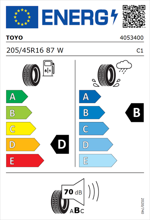 Tyre Label for Toyo Proxes TR1 205/45R16 87W