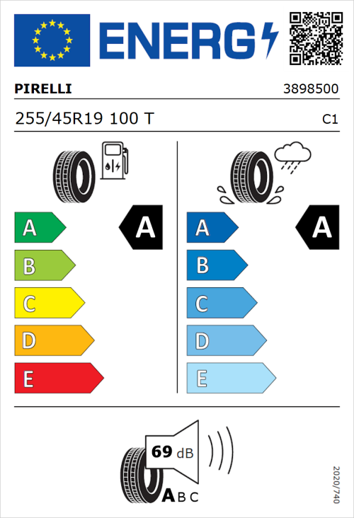 Tyre Label for Pirelli Cinturato P7 255/45R19 100T