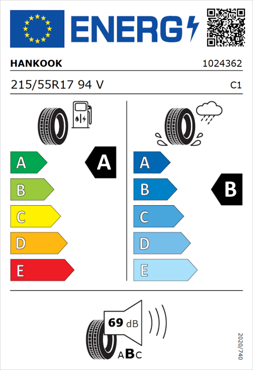 Tyre Label for Hankook Ventus Prime 3 K125 215/55R17 94V