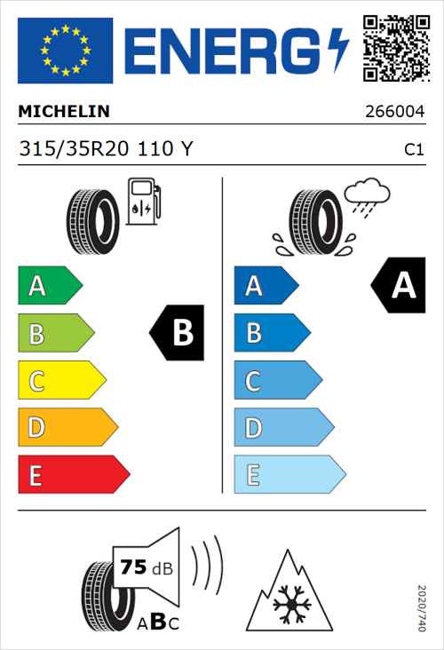 Tyre Label for Michelin CrossClimate 3 Sport 315/35R20 110Y