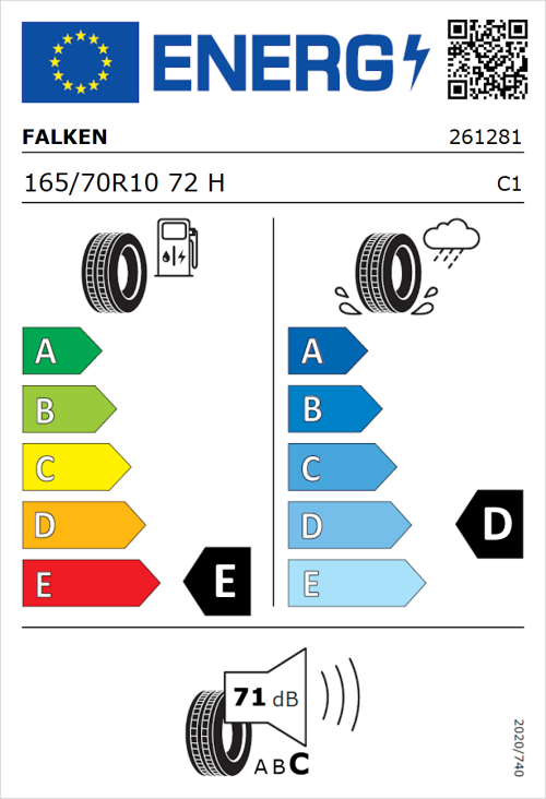 Tyre Label for Falken FK 07E 165/70R10 72H